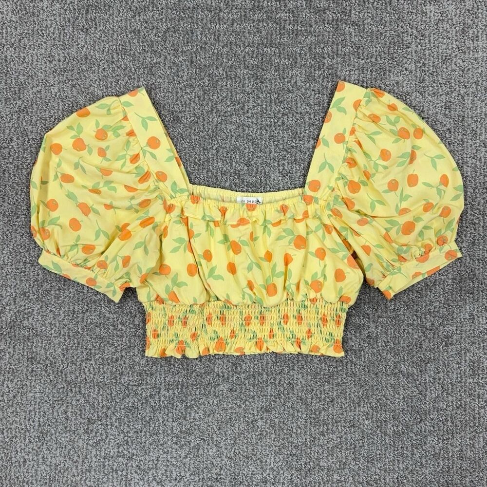 Blu Pepper Top Womens Small Yellow Fruit Puff Sleeve Smocked Crop Boho Coquette